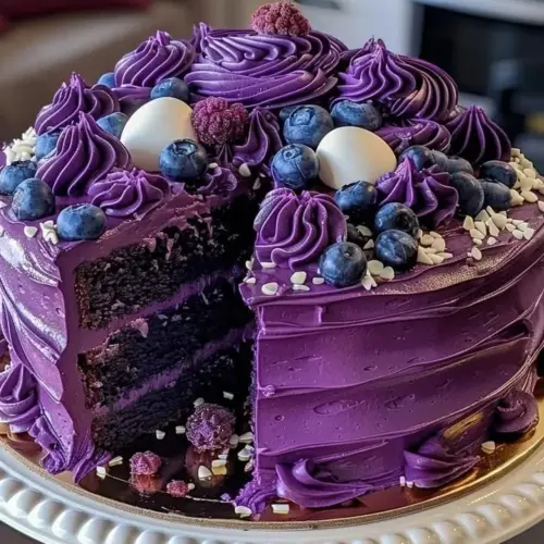 Delicious slice of Purple Velvet Cake topped with Cream Cheese frosting