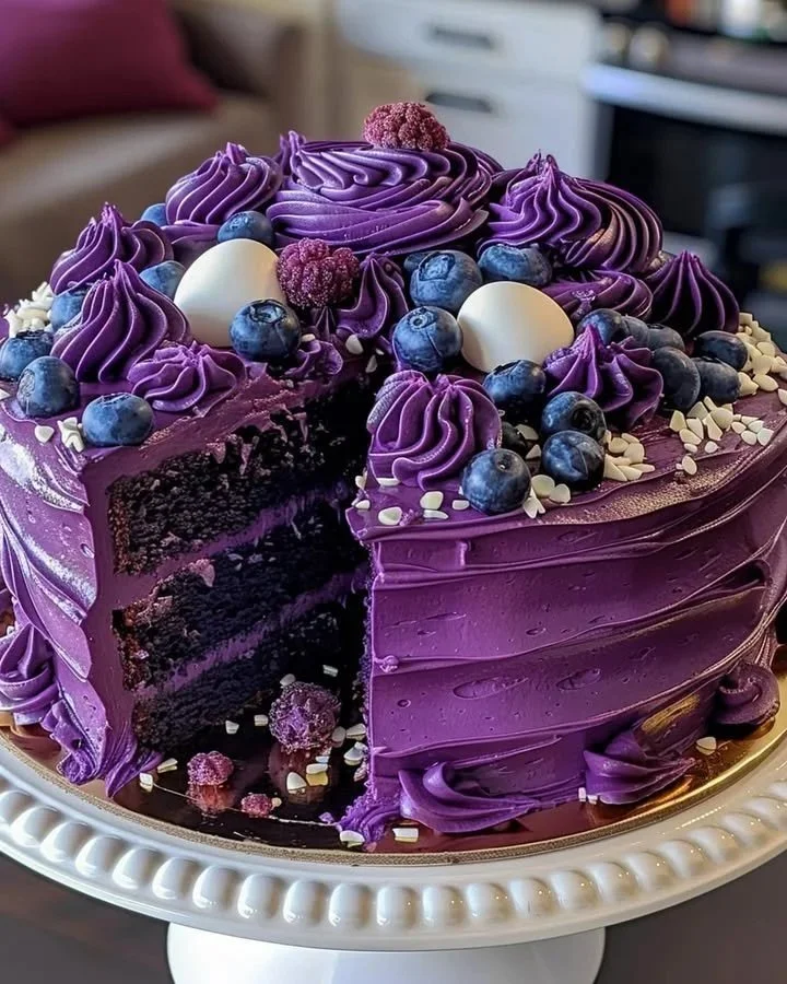 Delicious slice of Purple Velvet Cake topped with Cream Cheese frosting