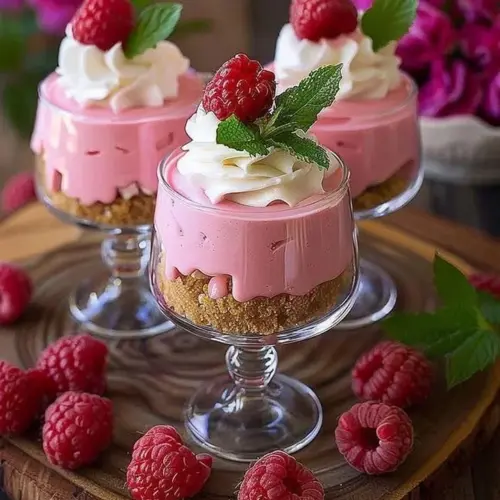 Delicious Raspberry Mousse Cheesecake topped with fresh raspberries