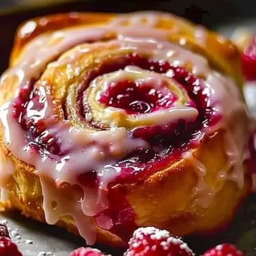 Freshly baked raspberry swirl cinnamon rolls topped with icing