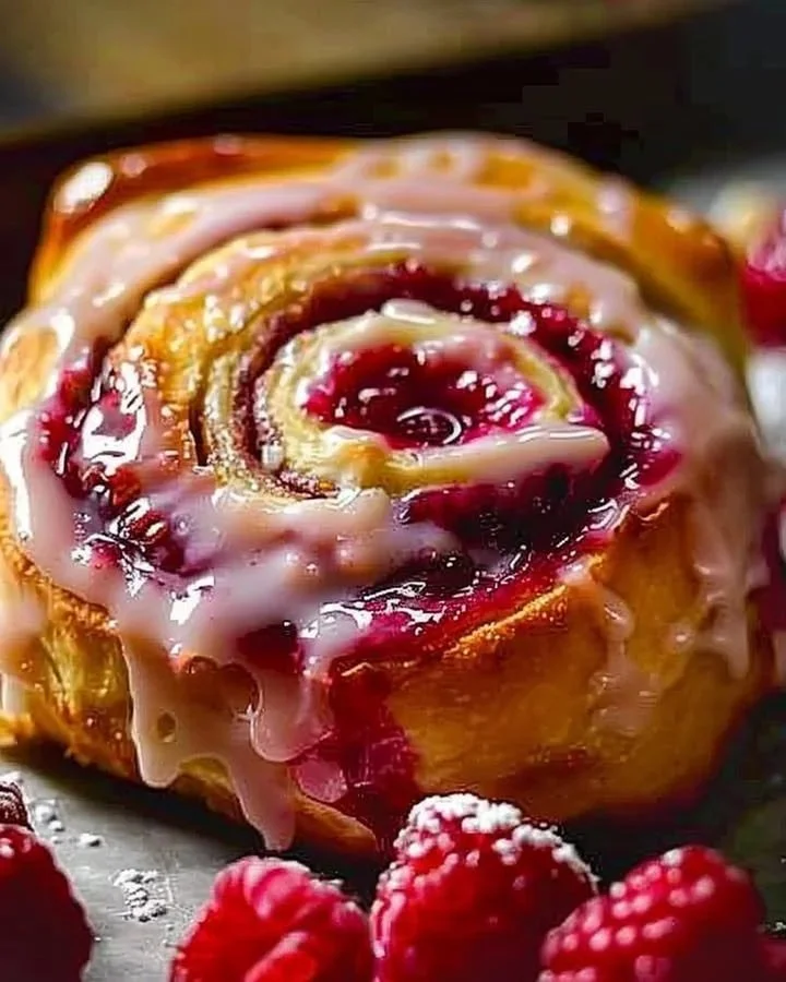 Freshly baked raspberry swirl cinnamon rolls topped with icing