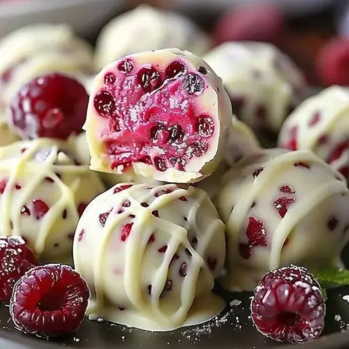 Raspberry White Chocolate Cheesecake Bites displayed on a dessert platter