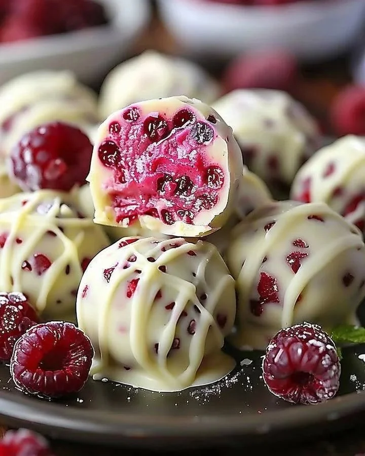 Raspberry White Chocolate Cheesecake Bites displayed on a dessert platter