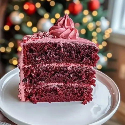 Delicious Red Velvet Cake topped with creamy frosting on a white plate