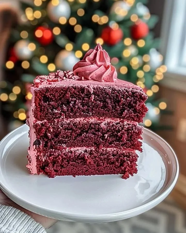 Delicious Red Velvet Cake topped with creamy frosting on a white plate