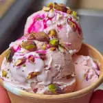 Rosewater pistachio gelato in a bowl topped with crushed pistachios