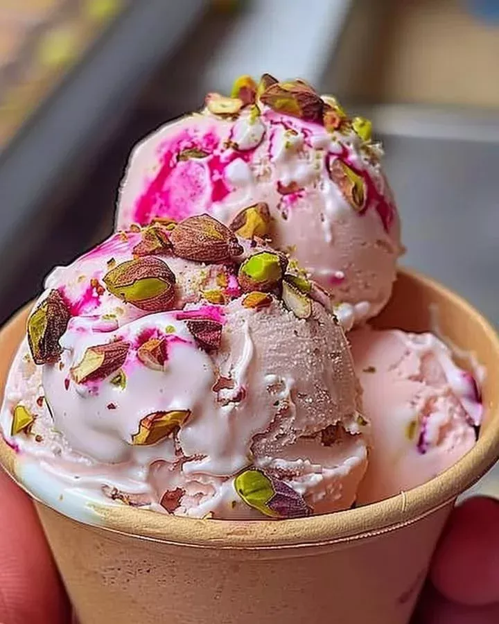 Rosewater pistachio gelato in a bowl topped with crushed pistachios