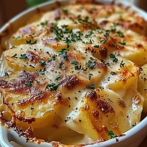 Ruth's Chris-style potatoes au gratin topped with cheese and breadcrumbs