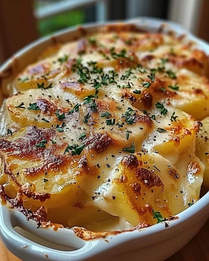 Ruth's Chris-style potatoes au gratin topped with cheese and breadcrumbs