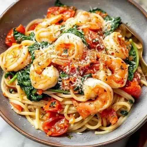 Delicious shrimp pasta with tomato and spinach served in a bowl.