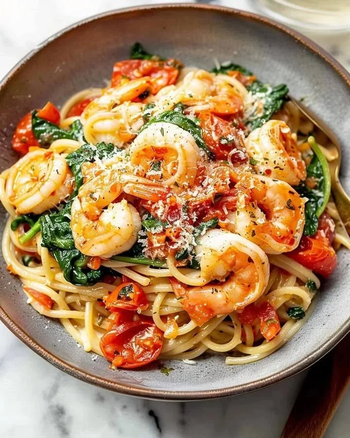 Delicious shrimp pasta with tomato and spinach served in a bowl.