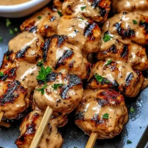 Spicy Bang Bang Chicken Skewers garnished and ready to serve
