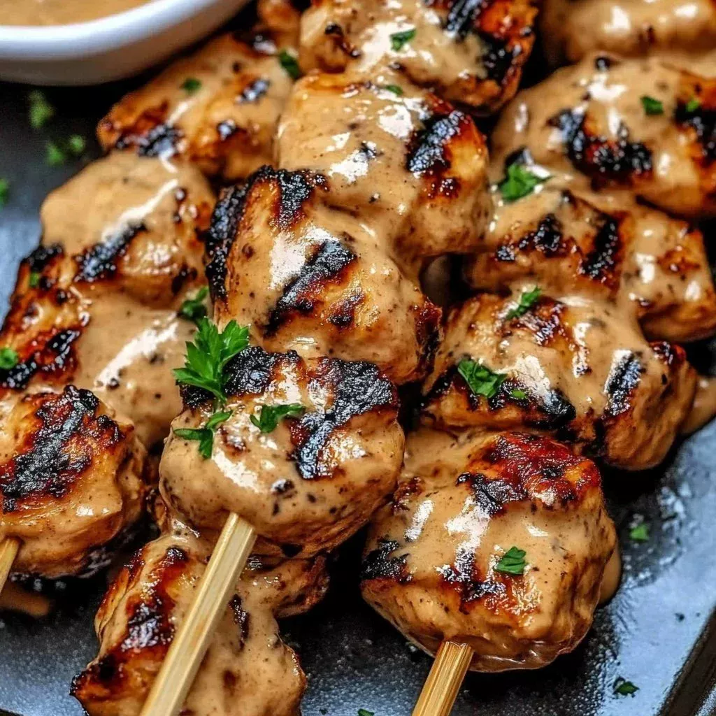 Spicy Bang Bang Chicken Skewers garnished and ready to serve
