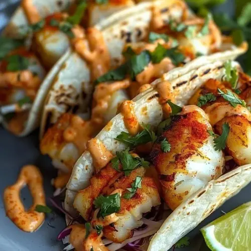 Spicy Sriracha Lime Fish Tacos topped with lime and fresh ingredients