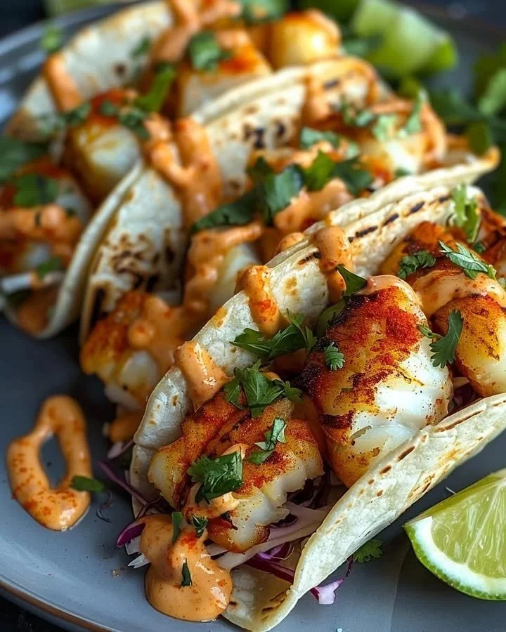 Spicy Sriracha Lime Fish Tacos topped with lime and fresh ingredients