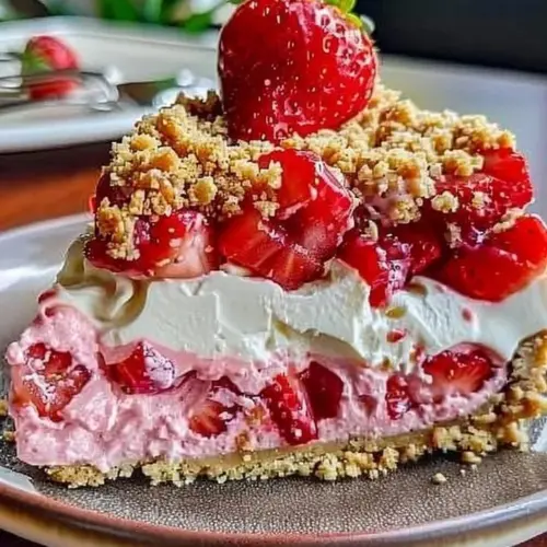 Strawberry Crunch Cheesecake with a crunchy topping and fresh strawberries