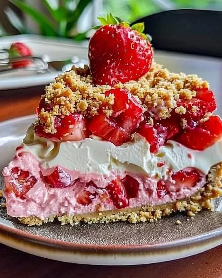 Strawberry Crunch Cheesecake with a crunchy topping and fresh strawberries