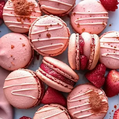 Strawberry French macarons arranged on a decorative platter