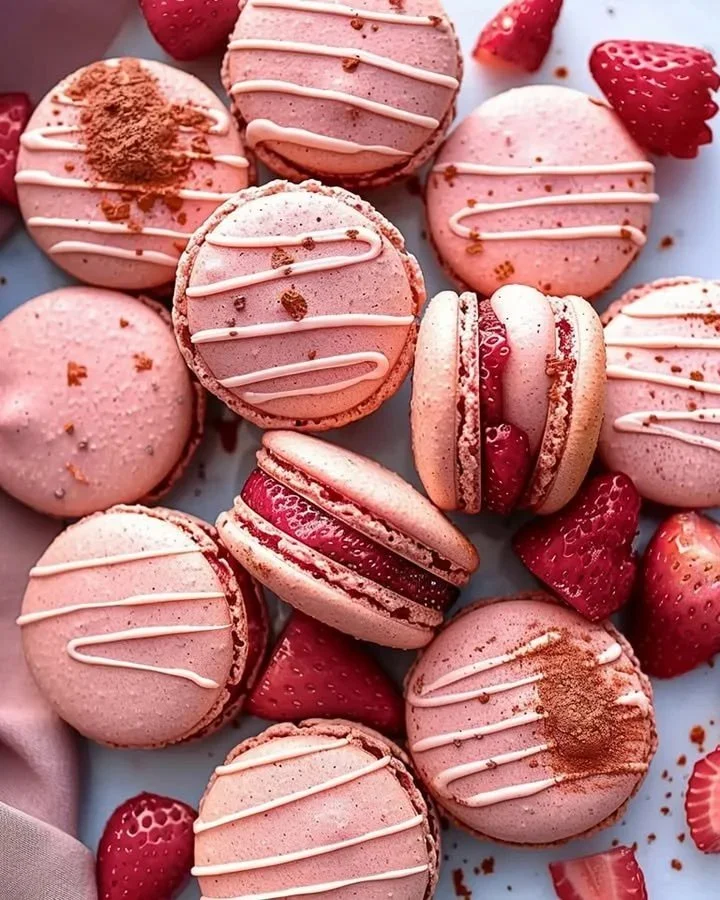 Strawberry French macarons arranged on a decorative platter