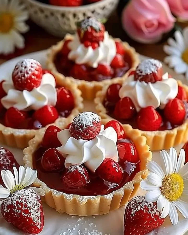 Strawberry meringue tartlets topped with fresh strawberries and cream