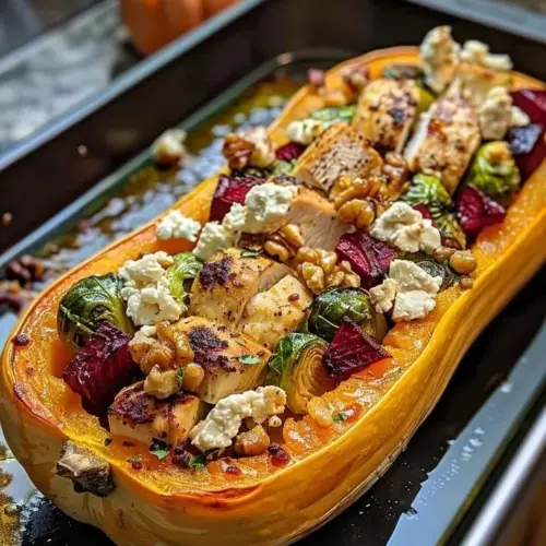 Delicious stuffed honey roasted butternut squash filled with savory ingredients