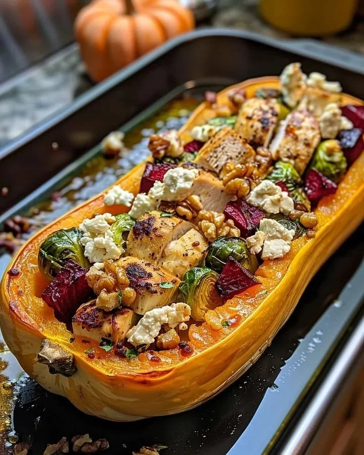 Delicious stuffed honey roasted butternut squash filled with savory ingredients