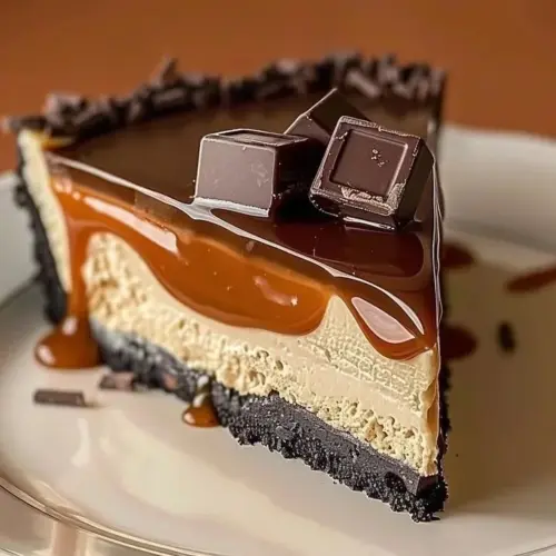 Twix Caramel Chocolate Cheesecake topped with caramel and chocolate drizzle