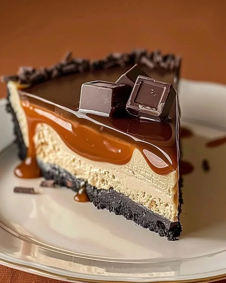 Twix Caramel Chocolate Cheesecake topped with caramel and chocolate drizzle