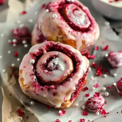Delicious red velvet cinnamon rolls topped with cream cheese frosting