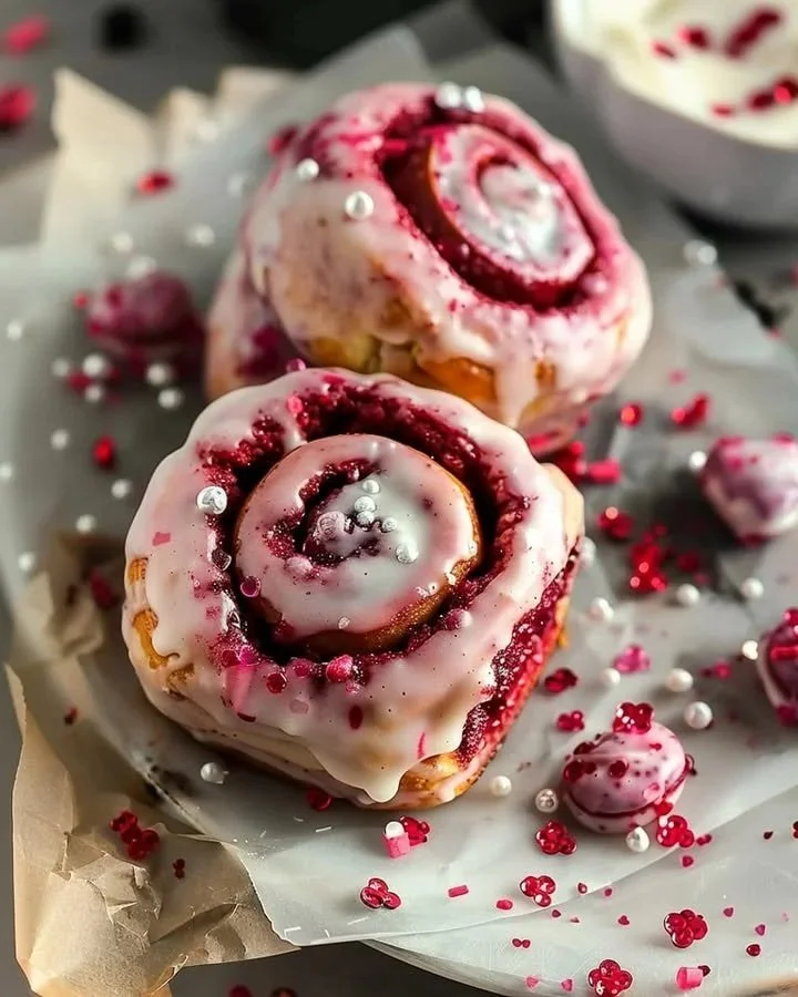Delicious red velvet cinnamon rolls topped with cream cheese frosting