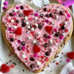 Valentine's heart-shaped cookie cake decorated with pink frosting and sprinkles