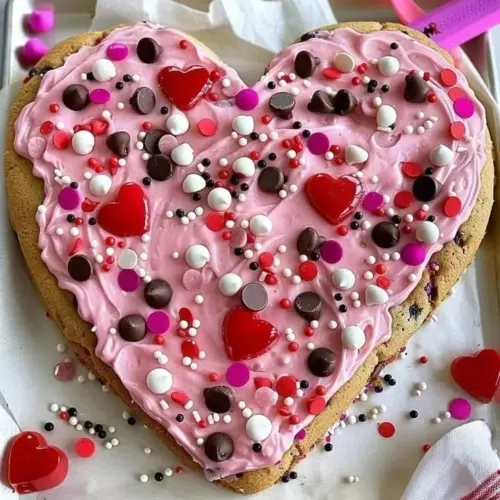 Valentine's heart-shaped cookie cake decorated with pink frosting and sprinkles