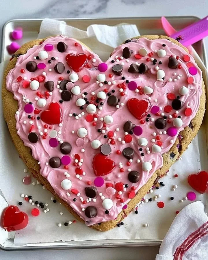 Valentine's heart-shaped cookie cake decorated with pink frosting and sprinkles