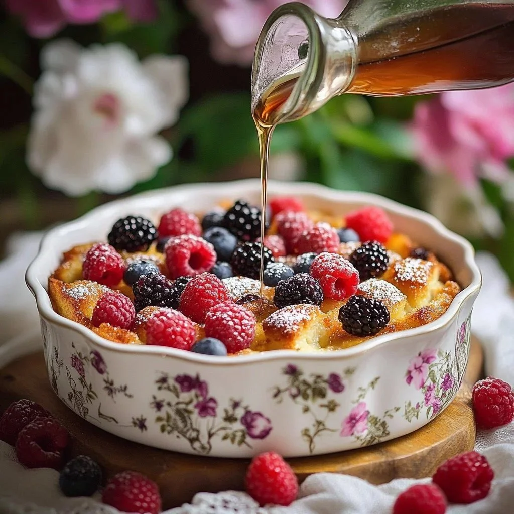 A delicious Vegan Berry French Toast Bake with fresh berries and syrup.