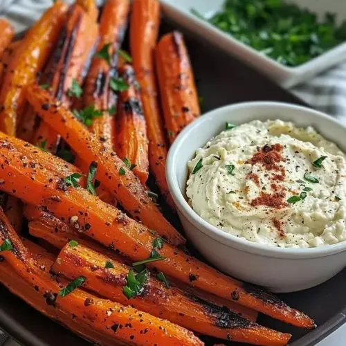 Whipped feta served with roasted carrots in a beautiful presentation.