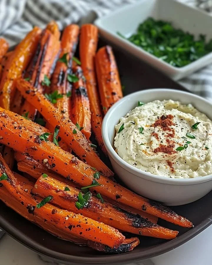 Whipped feta served with roasted carrots in a beautiful presentation.
