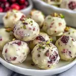White chocolate cranberry pistachio truffles on a decorative plate.