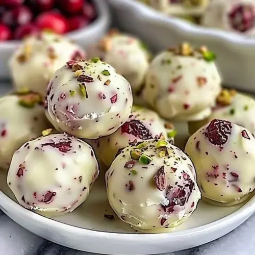White chocolate cranberry pistachio truffles on a decorative plate.