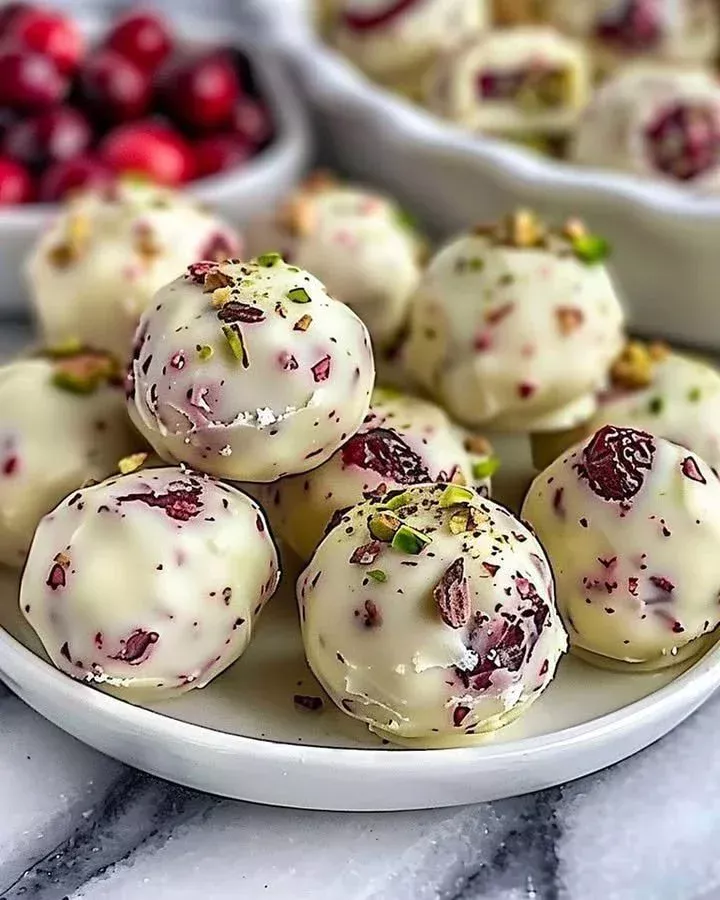 White chocolate cranberry pistachio truffles on a decorative plate.