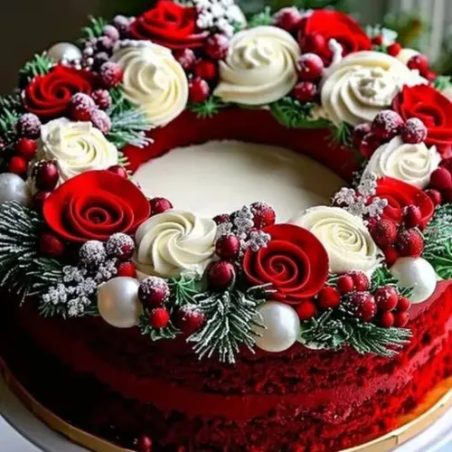 Wreath-shaped red velvet cake decorated with cream cheese frosting and festive toppings.