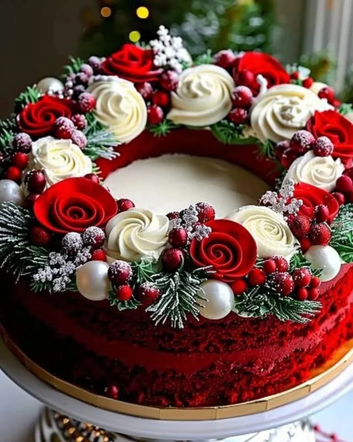 Wreath-shaped red velvet cake decorated with cream cheese frosting and festive toppings.