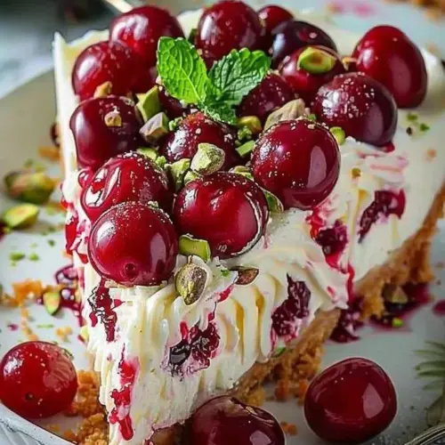 Zesty Lemon-Lime Cherry Pistachio Cheesecake slice on a plate
