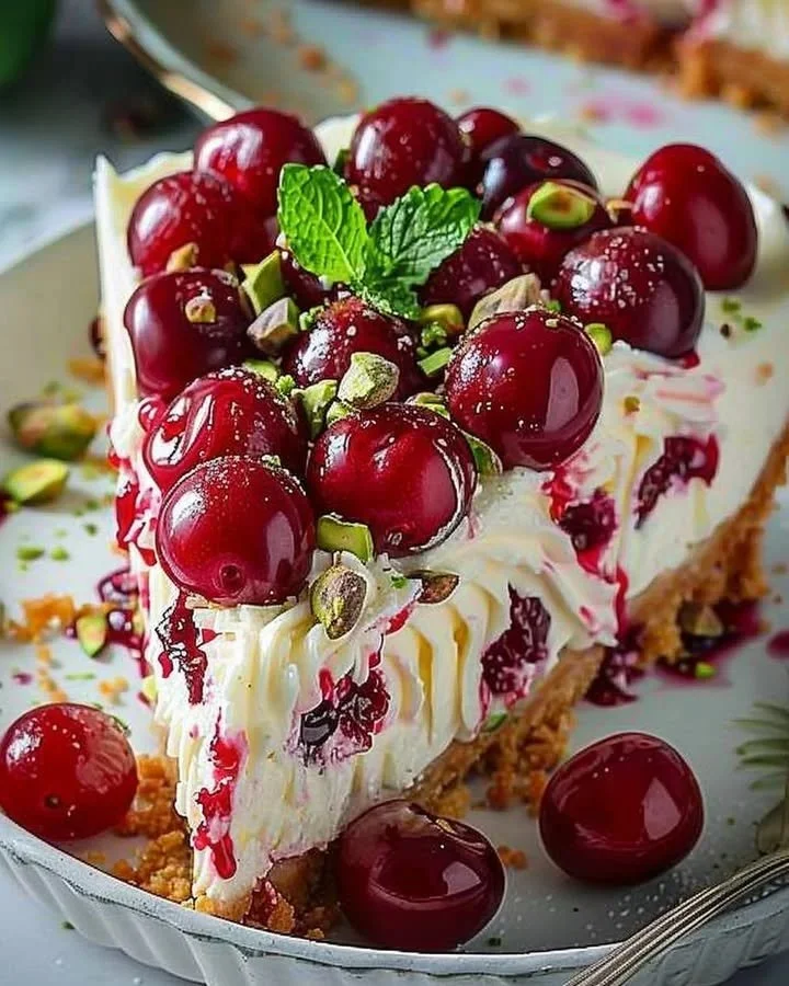 Zesty Lemon-Lime Cherry Pistachio Cheesecake slice on a plate