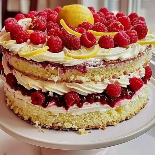 Zesty Raspberry Lemon Layer Cake with fresh raspberries and lemon slices