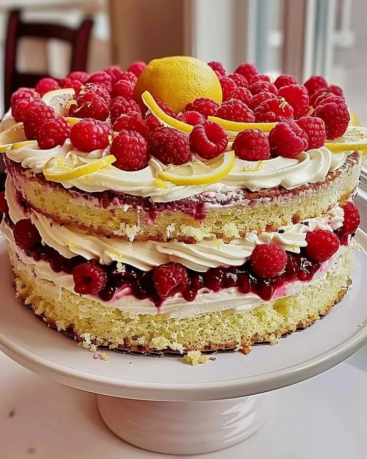 Zesty Raspberry Lemon Layer Cake with fresh raspberries and lemon slices